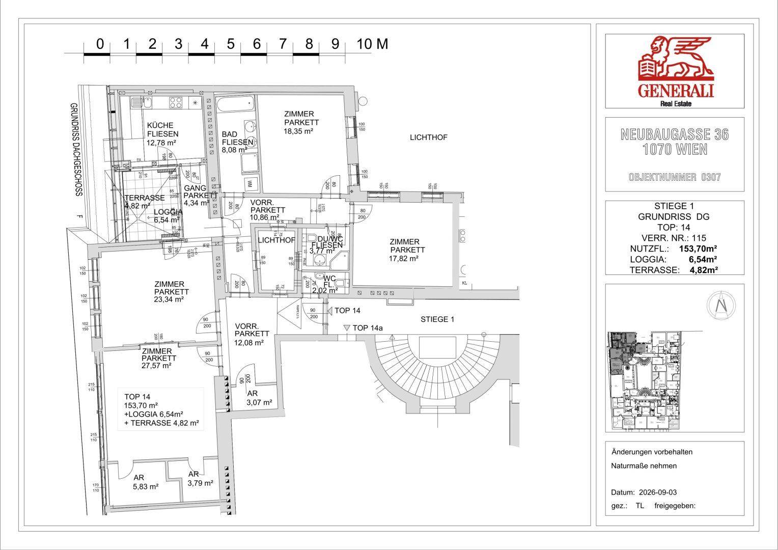 Grundrissplan einer Dachgeschosswohnung mit mehreren Zimmern, einer Loggia und einer Terrasse.