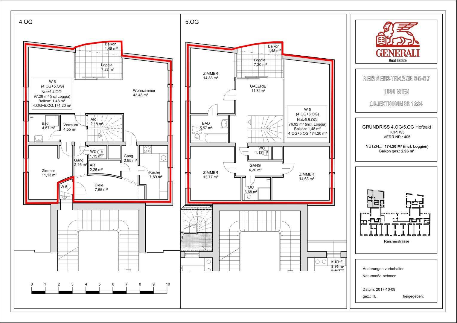 Grundriss für zwei Etagen (4. und 5. OG) mit Balkon, Loggia und mehreren Zimmern.