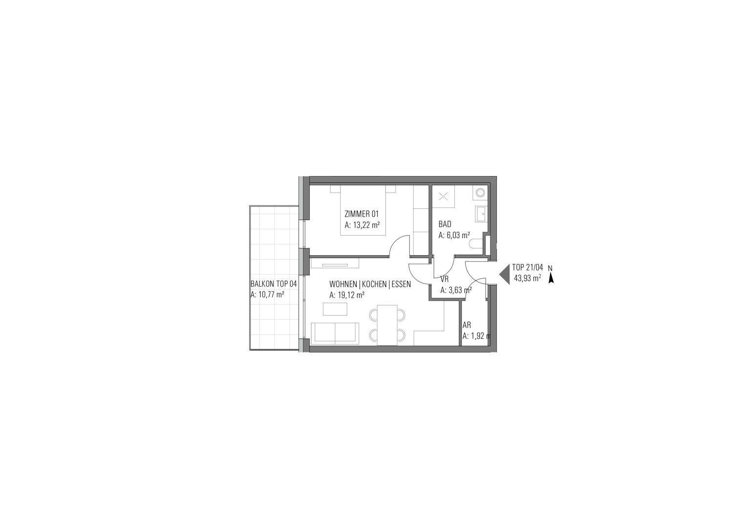 Grundriss einer kleinen Wohnung mit einem Schlafzimmer, offenem Wohnbereich und Balkon.