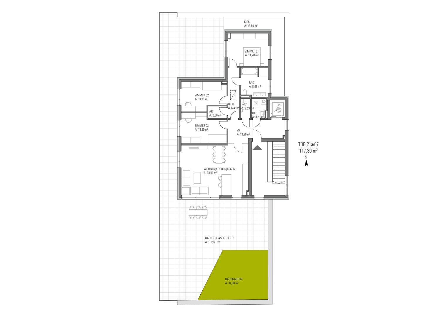 Grundriss einer Maisonette-Wohnung mit mehreren Zimmern, Dachterrasse und Gartenanteil.