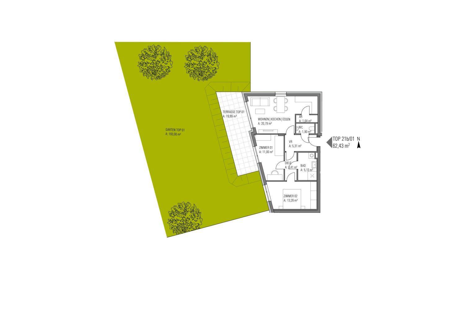 Grundriss einer Erdgeschosswohnung mit offenem Wohnbereich, Schlafzimmer und großem Garten.
