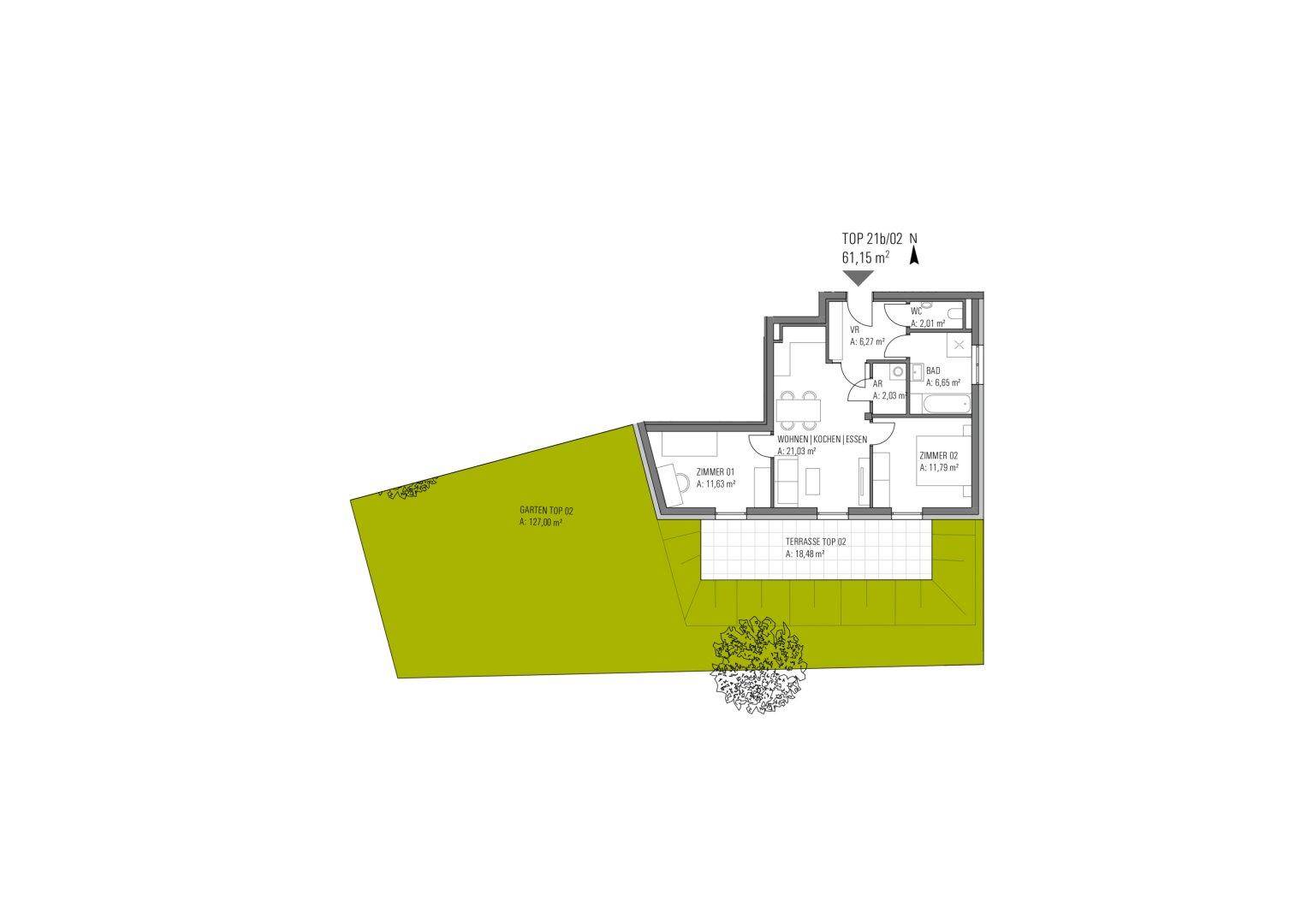 Grundriss einer Erdgeschosswohnung mit offenem Wohnbereich, zwei Schlafzimmern und großem Garten.