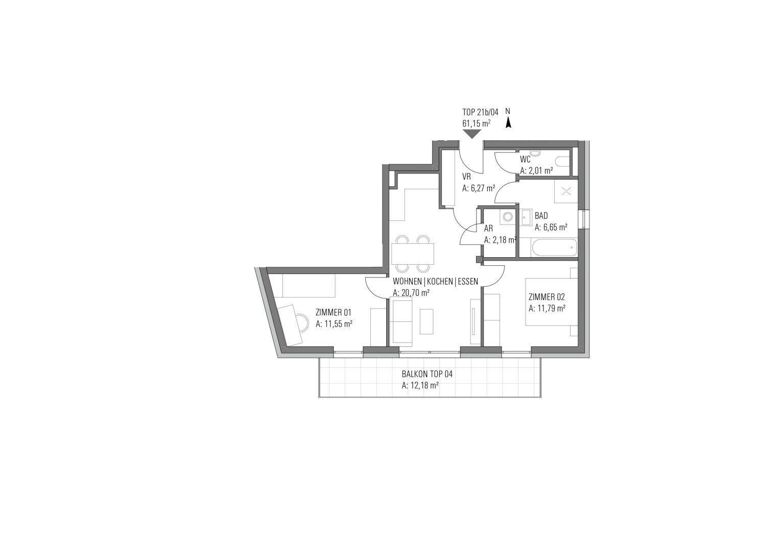 Grundriss einer Wohnung mit offenem Wohnbereich, zwei Schlafzimmern, Gäste-WC und einem Balkon.