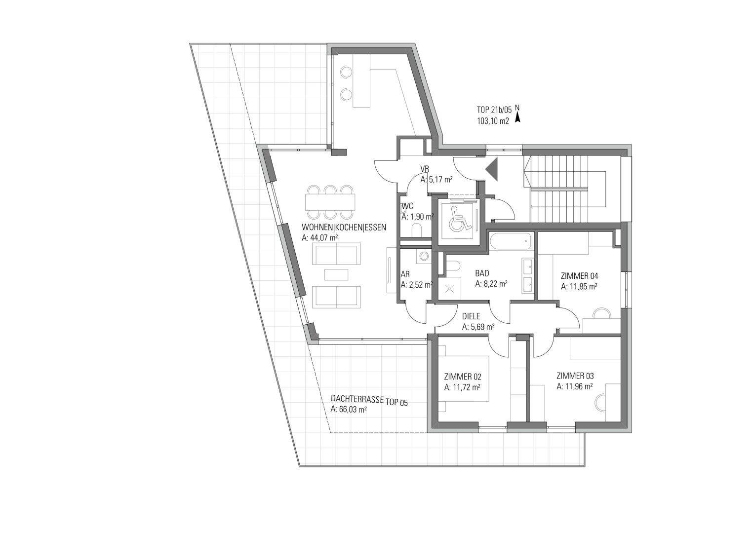 Grundriss einer Penthouse-Wohnung mit offenem Wohnbereich, drei Schlafzimmern und Dachterrasse.