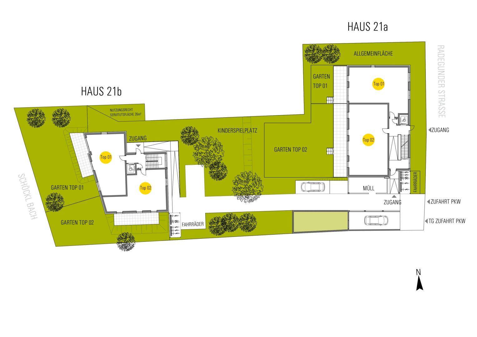 Übersichtsplan der Wohnanlage mit zwei Häusern, Gärten, Kinderspielplatz und Parkplätzen.