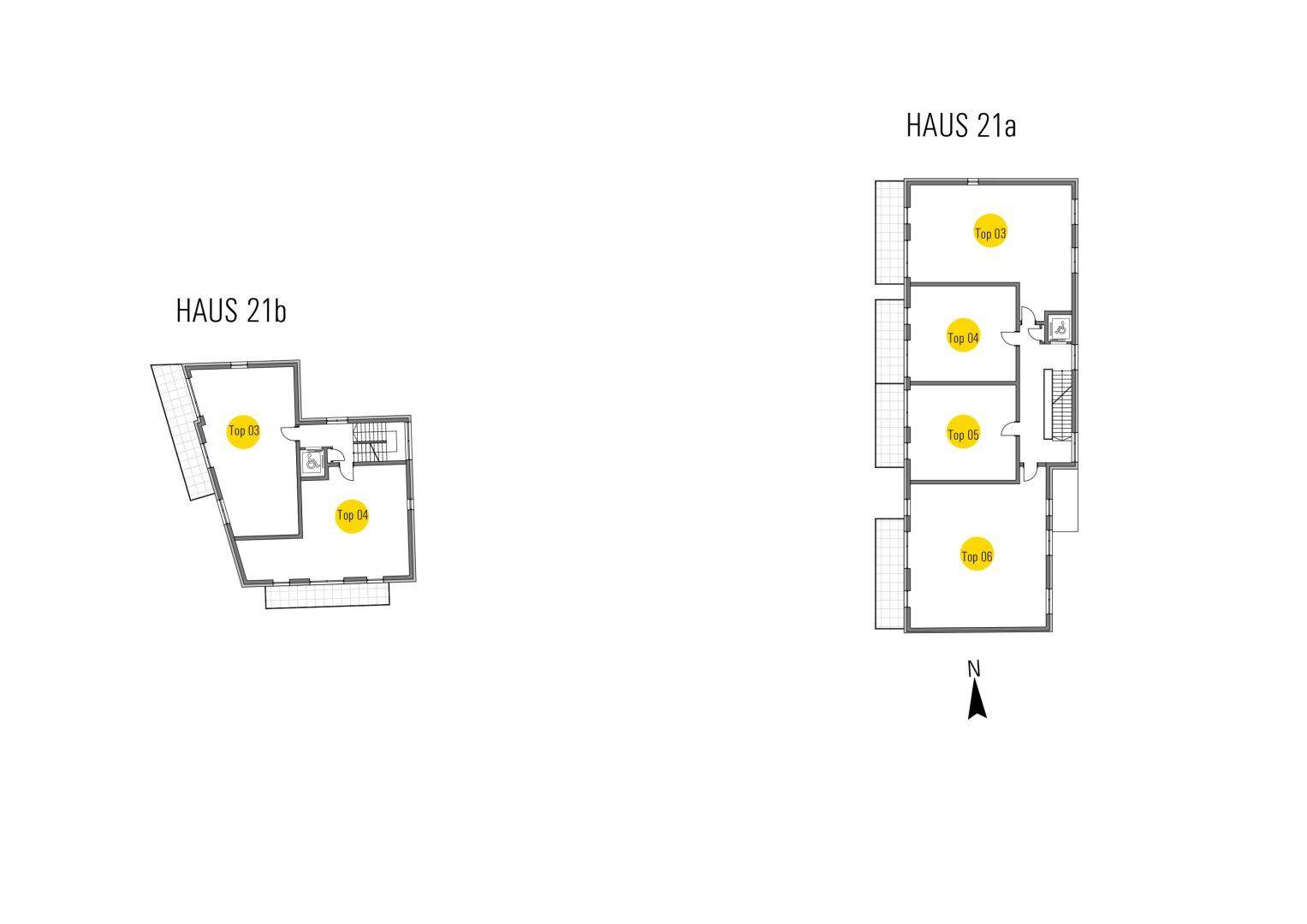 Grundrisse der verschiedenen Wohneinheiten in Haus 21a und Haus 21b, inklusive Gartenwohnungen.