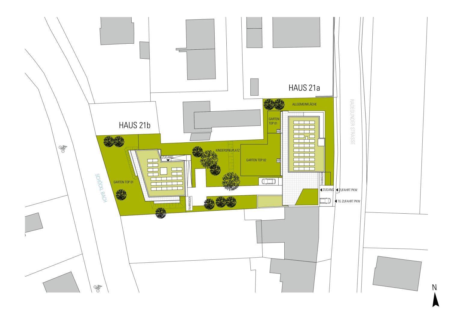 Lageplan der Wohnanlage mit Gebäuden, Grünflächen, Kinderspielplatz, Zufahrten und Photovoltaikanlagen.