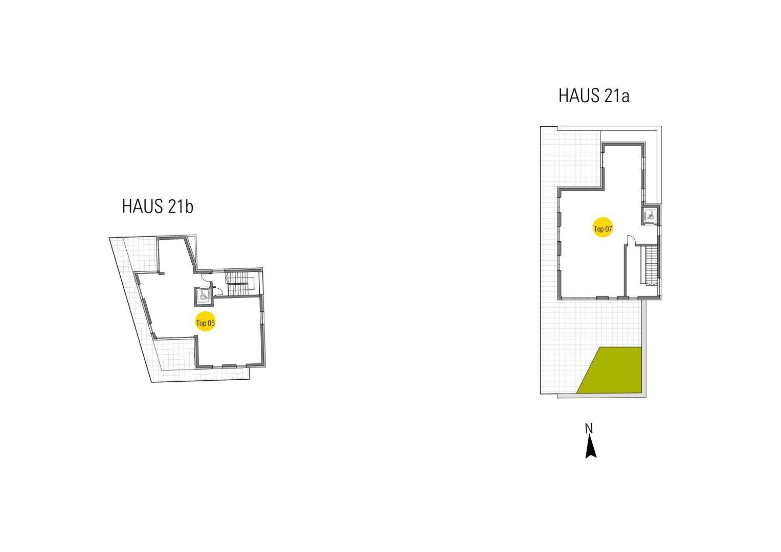 Grundrisse der Dachgeschosswohnungen in Haus 21a und Haus 21b mit Dachterrassen und Gärten.
