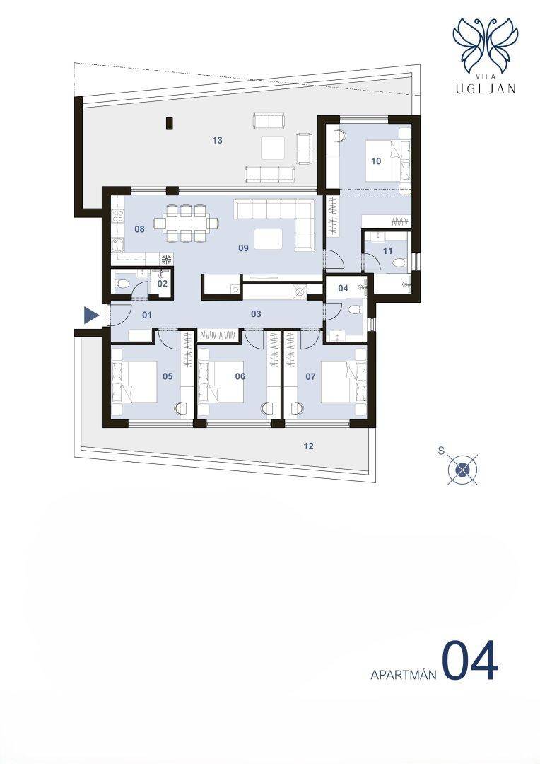 Grundriss einer Wohnung mit drei Schlafzimmern, offenem Wohnbereich und Balkon.