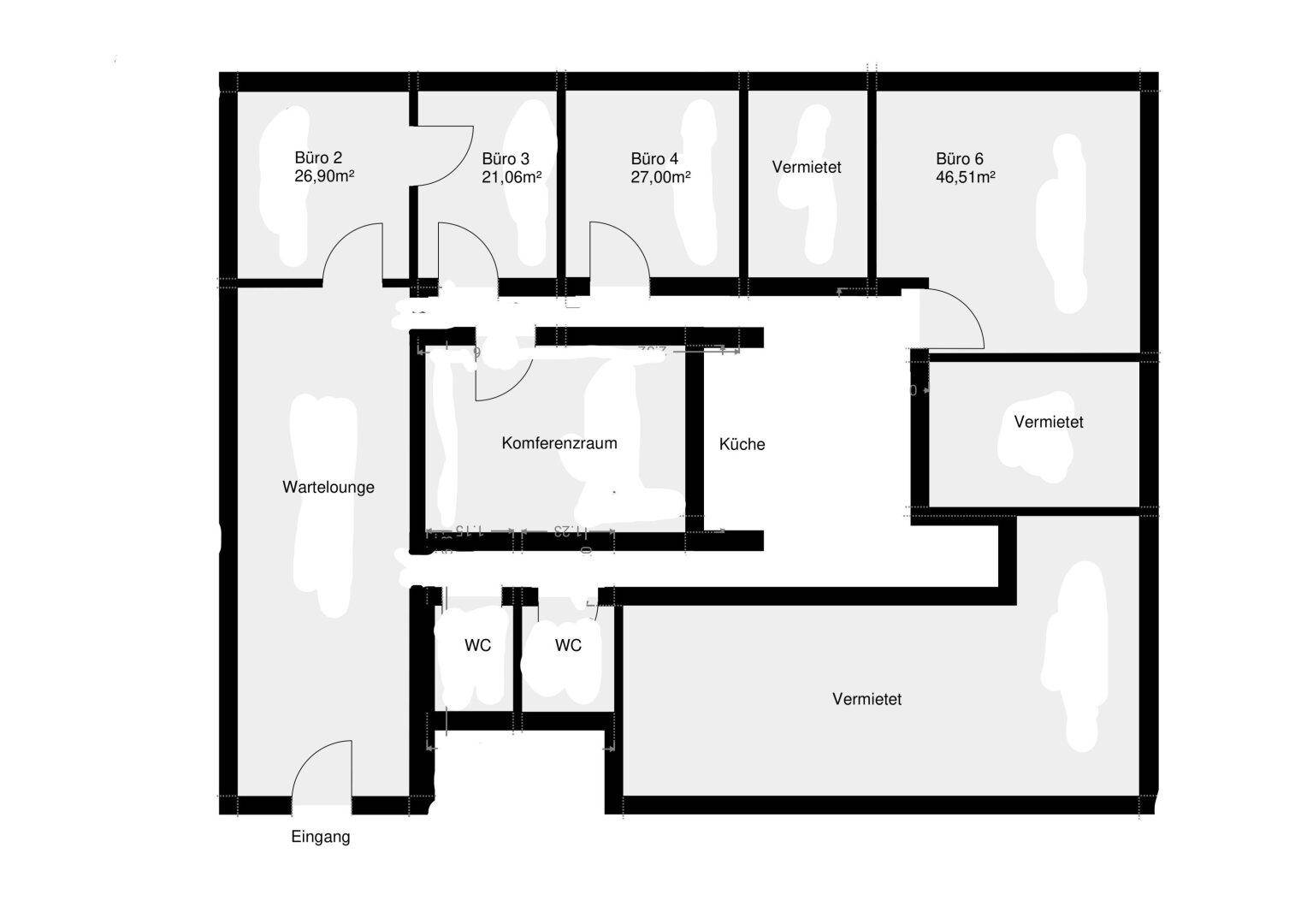 Grundrissplan zeigt die Aufteilung der Büroräume, Wartebereiche, Konferenzraum und Sanitäranlagen auf einer Etage.