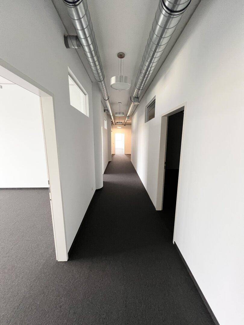 Langer Flur mit Teppichboden, weißen Wänden und sichtbaren Lüftungsrohren an der Decke, der zu weiteren Räumen führt.