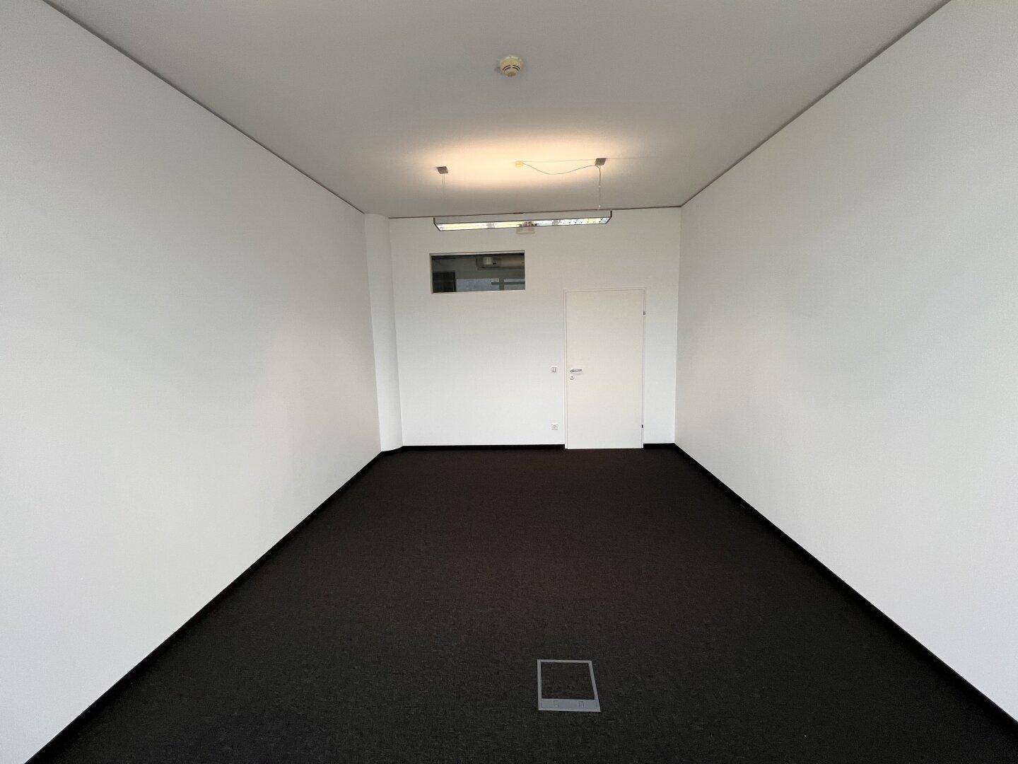 Kleinerer Büroraum mit Teppichboden und weißen Wänden, ideal für ein Einzelbüro oder Besprechungszimmer.