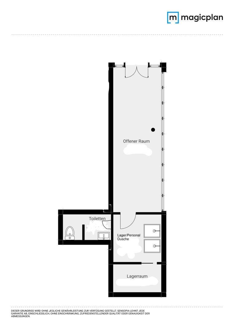 Grundrissplan eines Gewerberaums mit offenem Bereich, separaten Toiletten und einem Lager-/Duschraum.