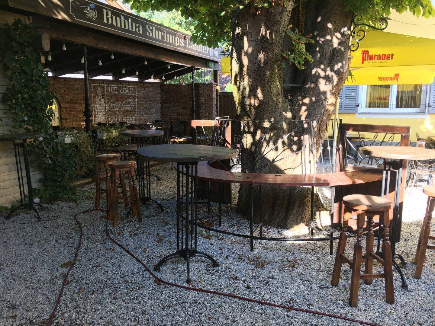 Gemütlicher Außenbereich mit Tischen, Hockern und einem großen Baum, ideal für entspannte Stunden.