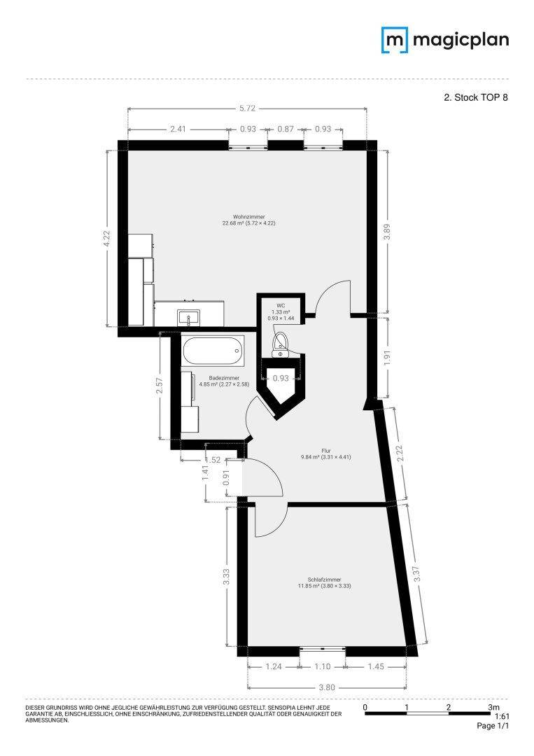 Grundriss der Wohnung mit Wohnzimmer, Schlafzimmer, Bad und separatem WC.