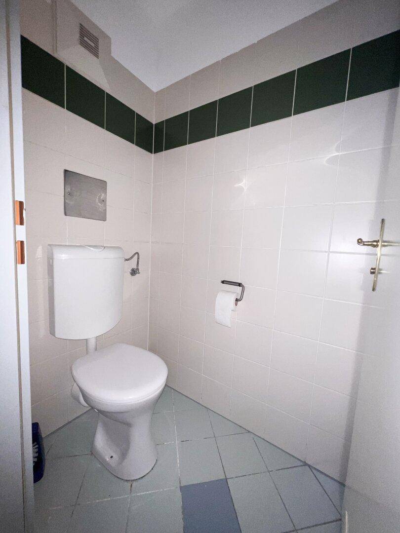 Separate Toilette mit Stand-WC und Fliesen in Weiß, Beige und Dunkelgrün.