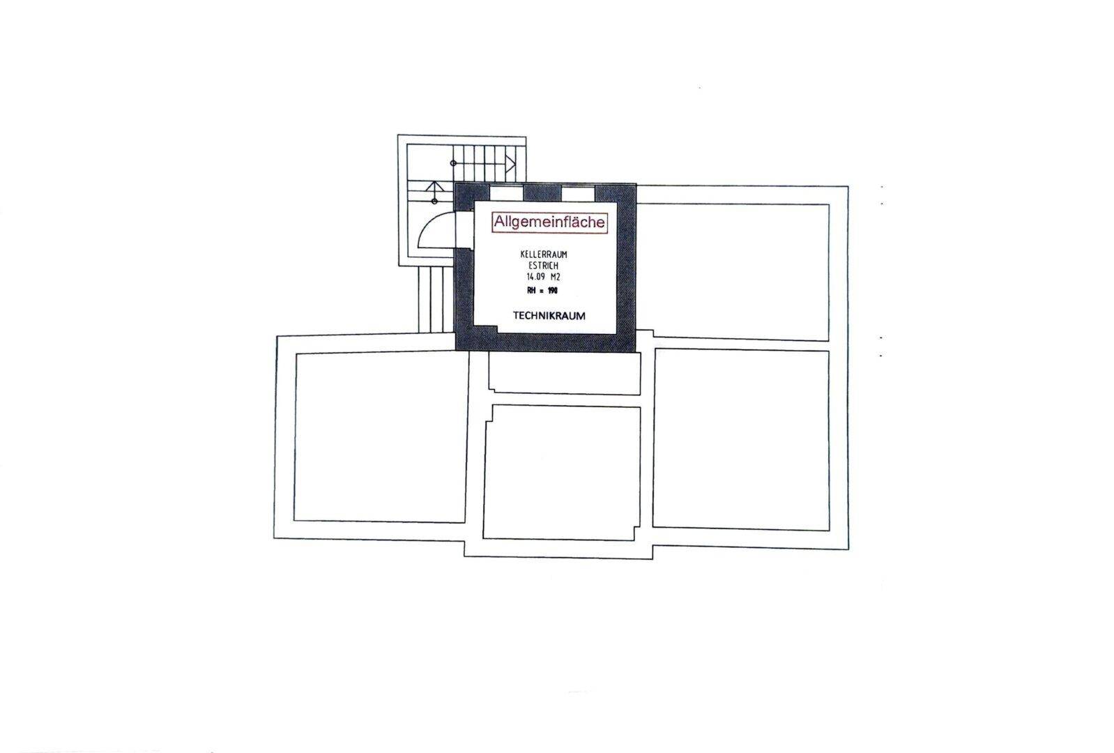 Grundriss des Kellergeschosses mit Technikraum und allgemeinen Flächen.