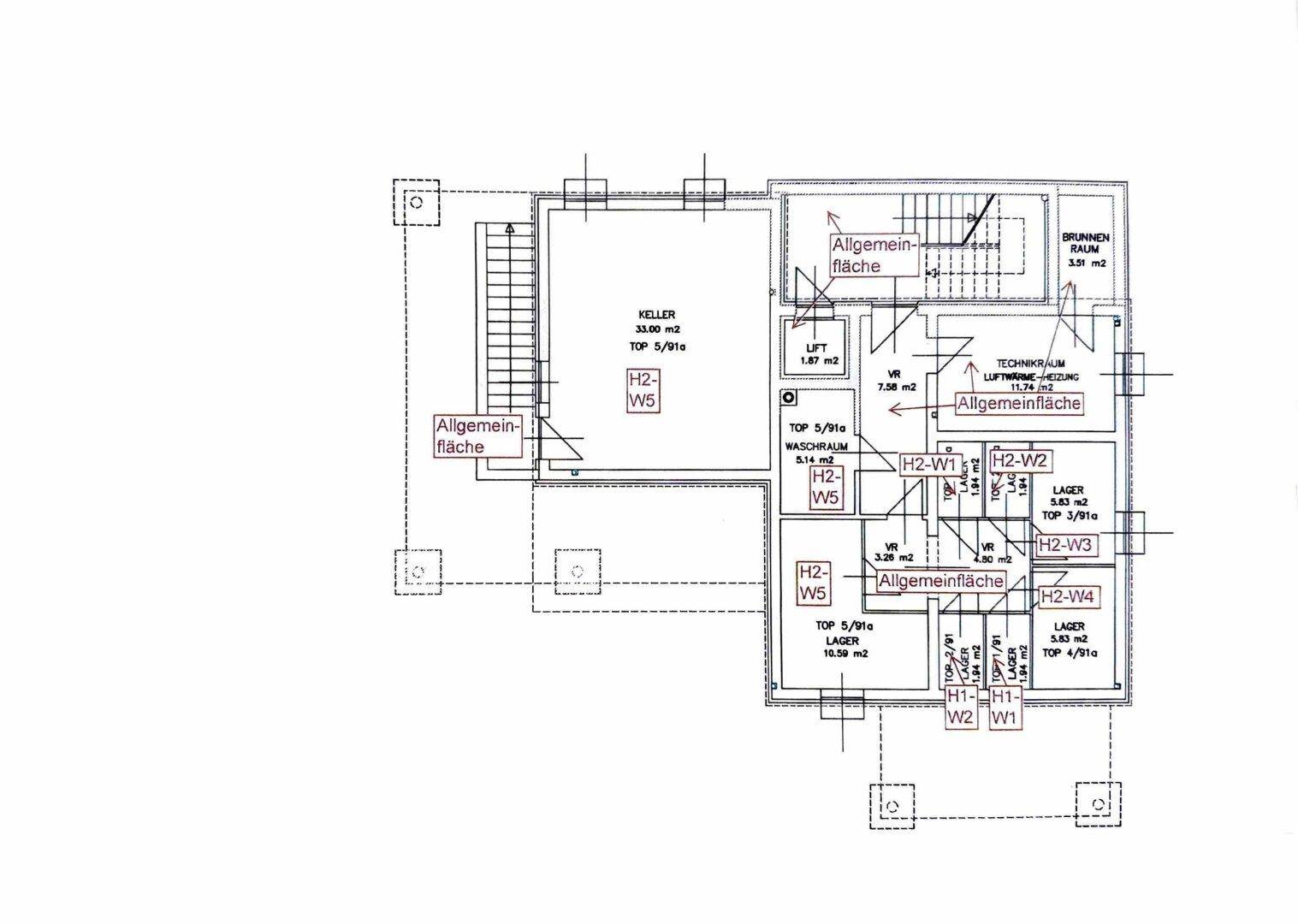 Grundriss des Kellergeschosses von Haus 2 mit Lagerflächen und Technikraum.