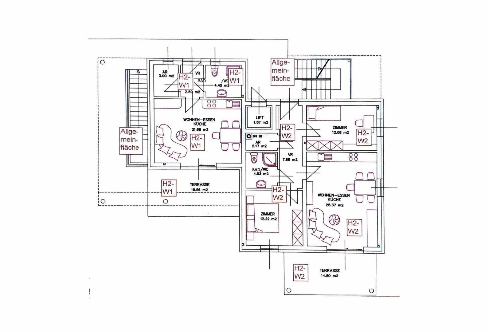 Grundriss des Erdgeschosses von Haus 2 mit Wohn-Ess-Küchenbereichen und Terrassen.