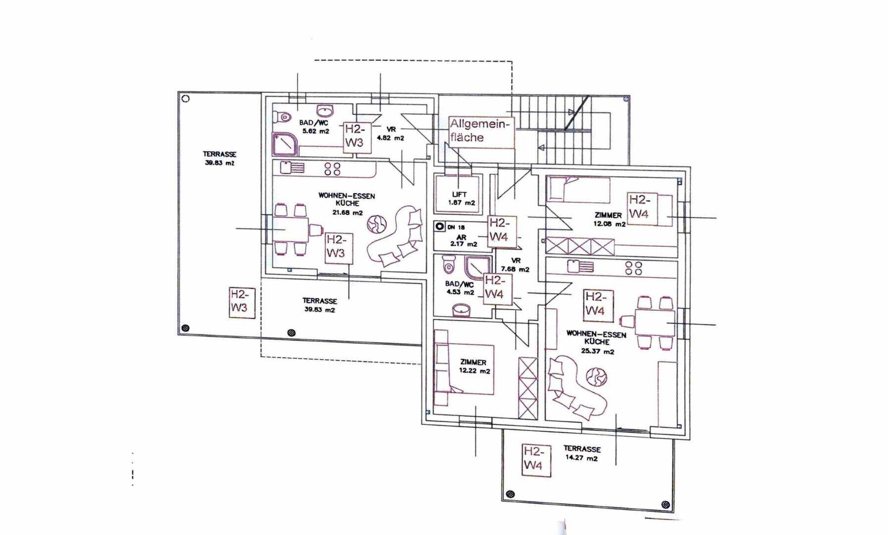 Grundriss eines Obergeschosses von Haus 2 mit Wohn-Ess-Küchenbereichen und Terrassen.