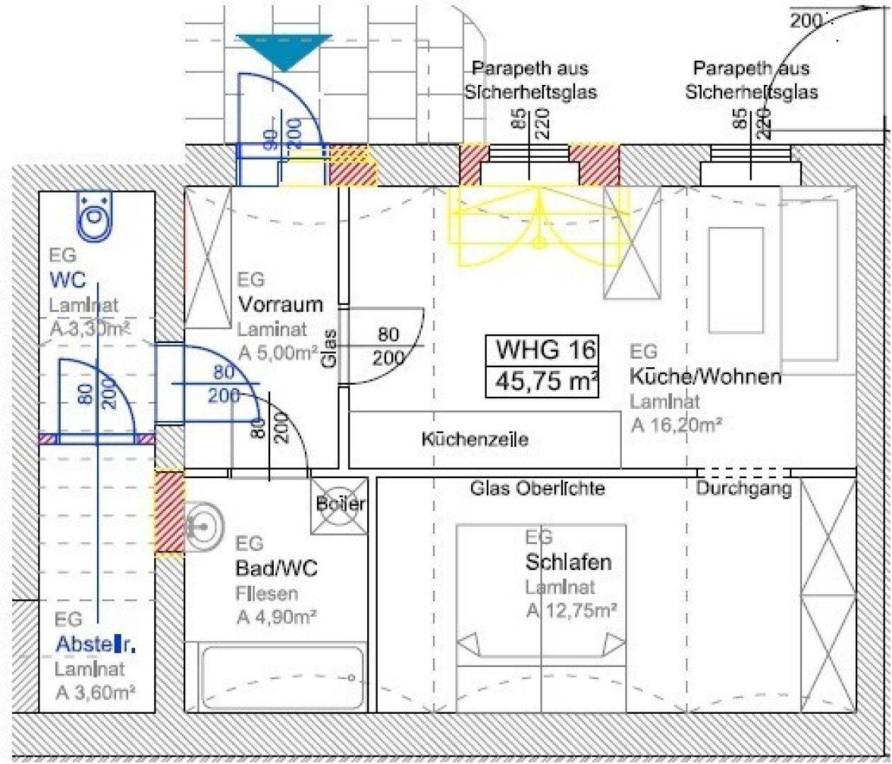 Technischer Grundriss mit detaillierten Maßen und Raumbezeichnungen.