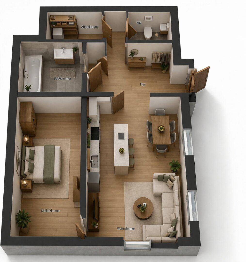 Übersichtlicher Grundriss einer Wohnung mit offenem Wohnbereich, Schlafzimmer und zwei Bädern.
