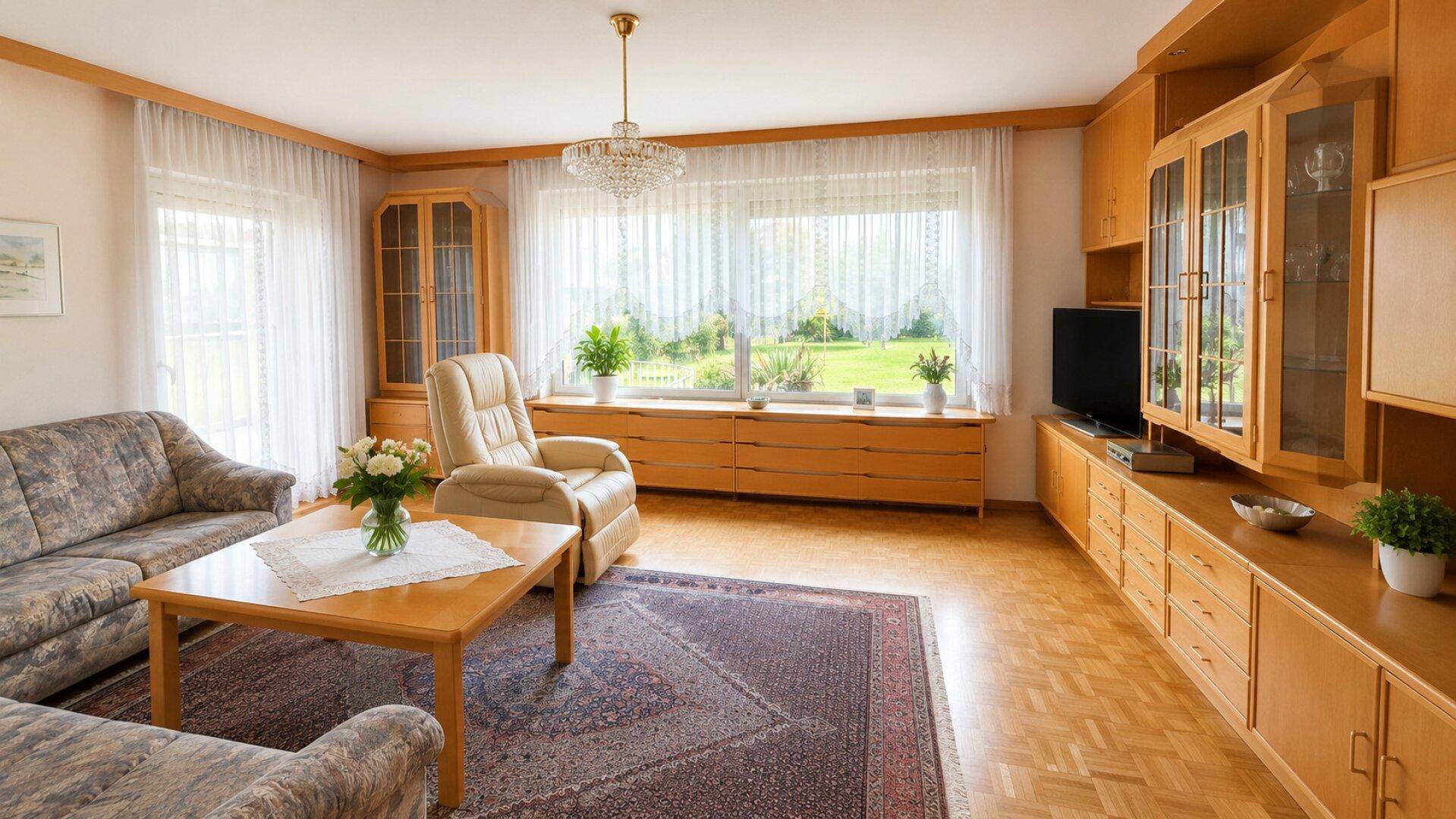 Geräumiges Wohnzimmer mit Parkettboden, Holzmöbeln und großem Fenster zum Garten, hell und einladend.