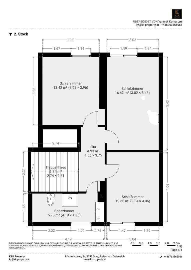 Grundriss des 2. Stocks mit drei Schlafzimmern und einem Badezimmer.
