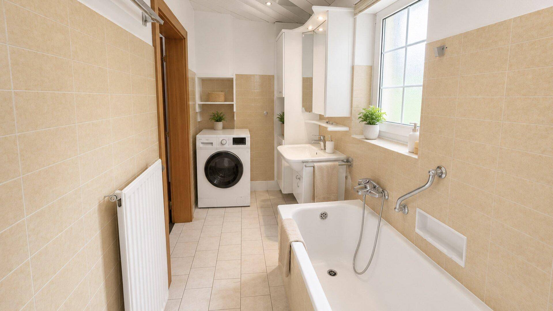 Geräumiges Badezimmer mit Badewanne, Waschmaschine, Fliesen und Fenster, funktional und hell.
