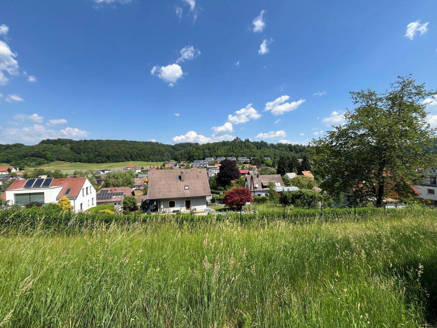 Weitläufiger Blick von einer sonnigen Wiese auf ein Wohngebiet mit Häusern und grünen Hügeln im Hintergrund.