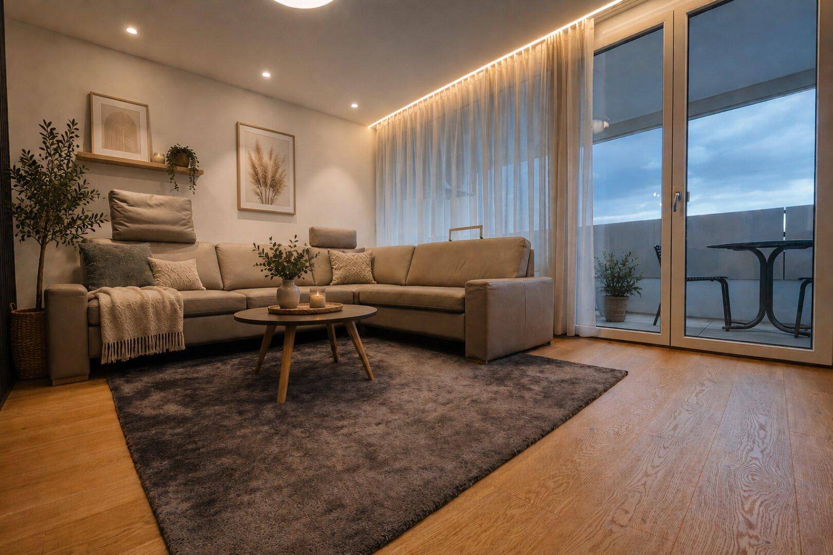 Helles Wohnzimmer mit großem Ecksofa, Holzboden und direktem Zugang zu einem Balkon.