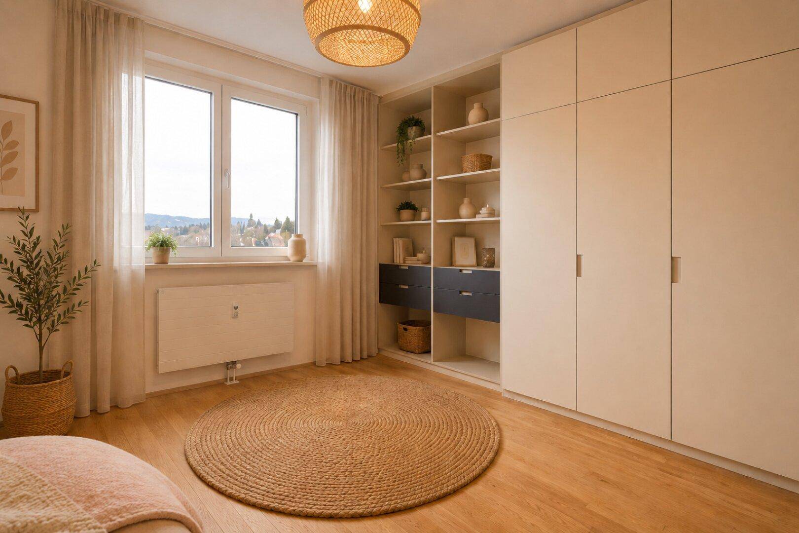 Schlafzimmer mit hellem Holzboden, großem Einbauschrank und Fenster mit Ausblick.