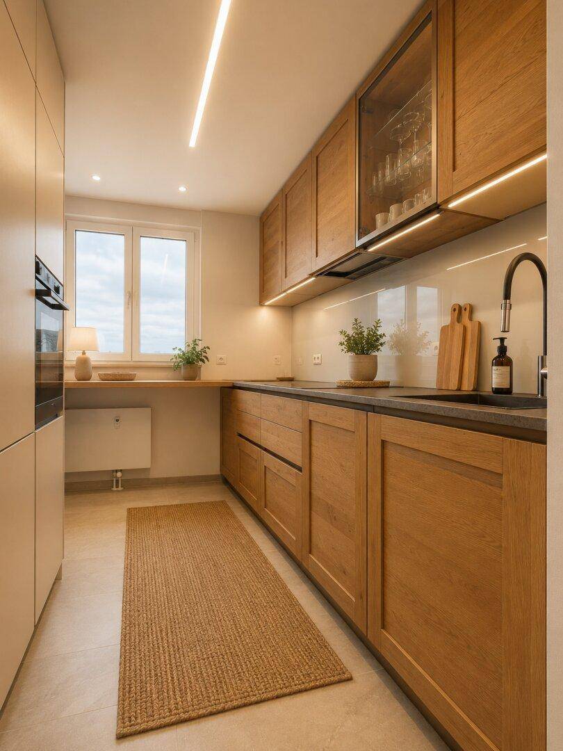 Moderne Küche mit Holzfronten, Fliesenboden und Fenster, ausgestattet mit hochwertigen Geräten.