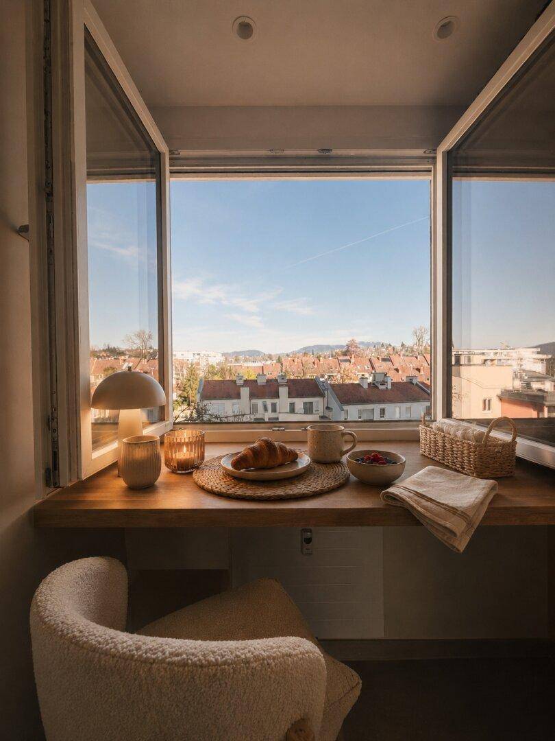 Gemütlicher Frühstücksplatz am Fenster mit Holztisch und Blick über die Stadt.