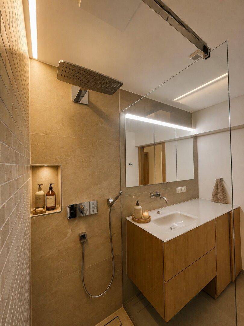 Modernes Badezimmer mit begehbarer Dusche, Regendusche und elegantem Waschtisch.