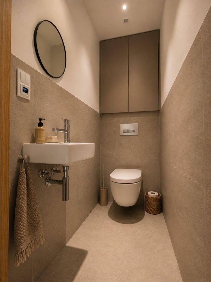 Stilvolles Gäste-WC mit Wand-WC, kleinem Waschbecken und modernen Fliesen.