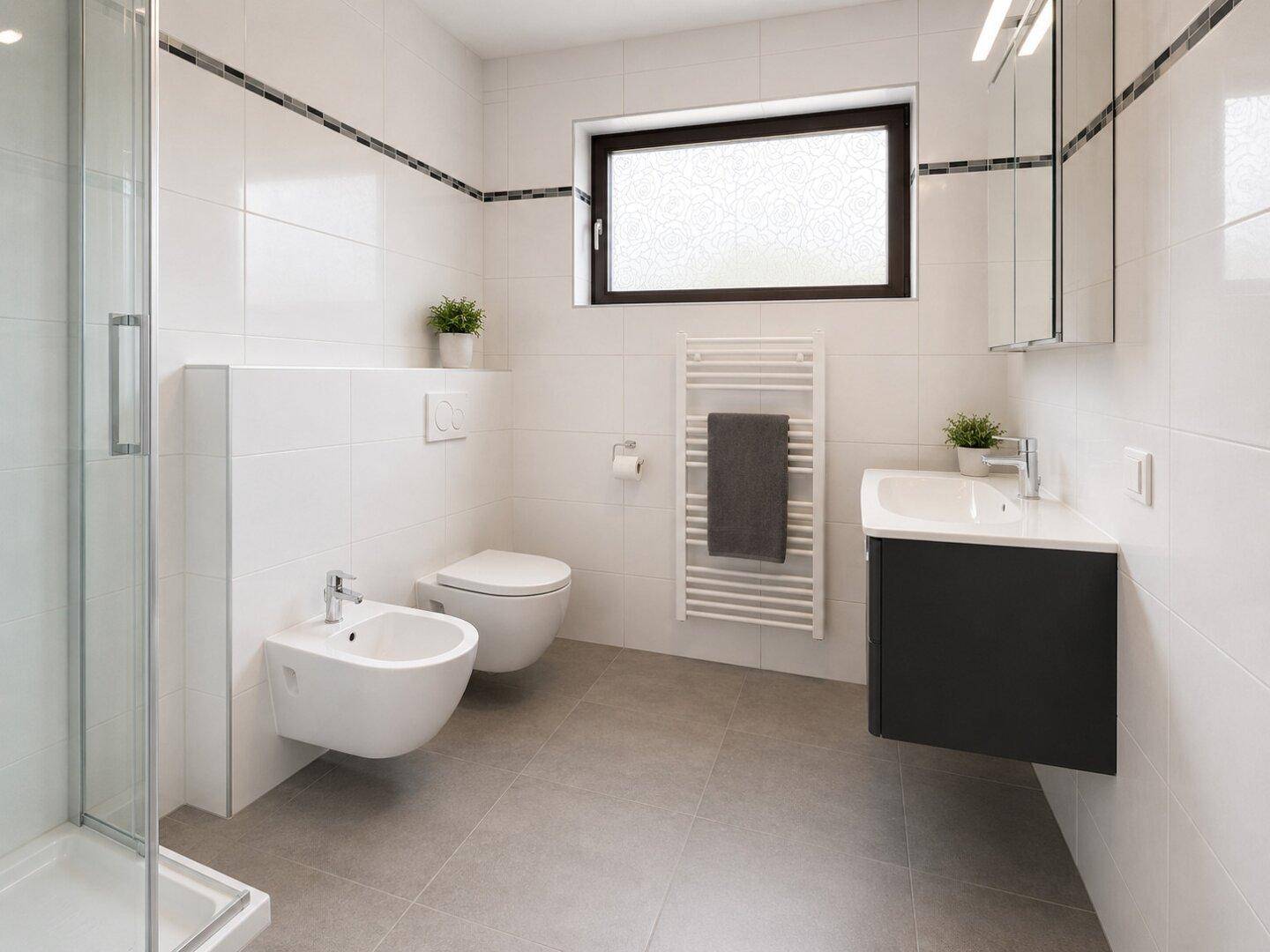 Modernes Badezimmer mit Dusche, WC, Bidet und Fenster, hell gefliest.