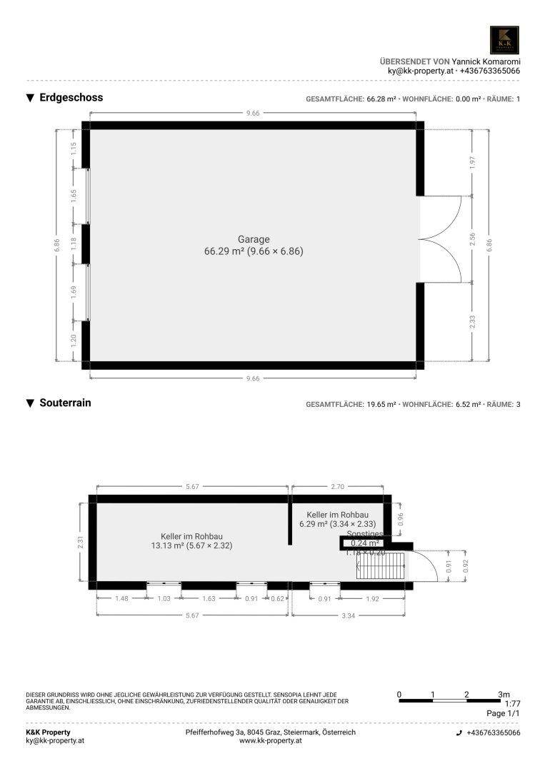 Grundriss des Erdgeschosses mit Garage und Keller im Souterrain.