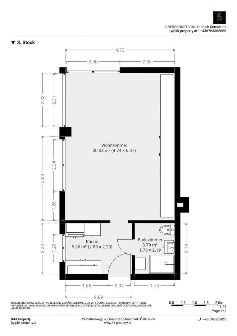 Detaillierter Grundriss einer Wohnung mit Wohnzimmer, Küche, Badezimmer und Balkon.