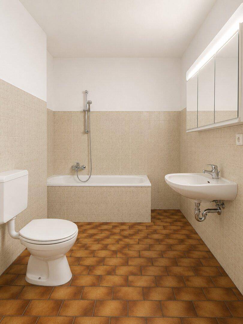 Badezimmer mit beigefarbenen Wandfliesen, braunem Boden und grundlegender Ausstattung.