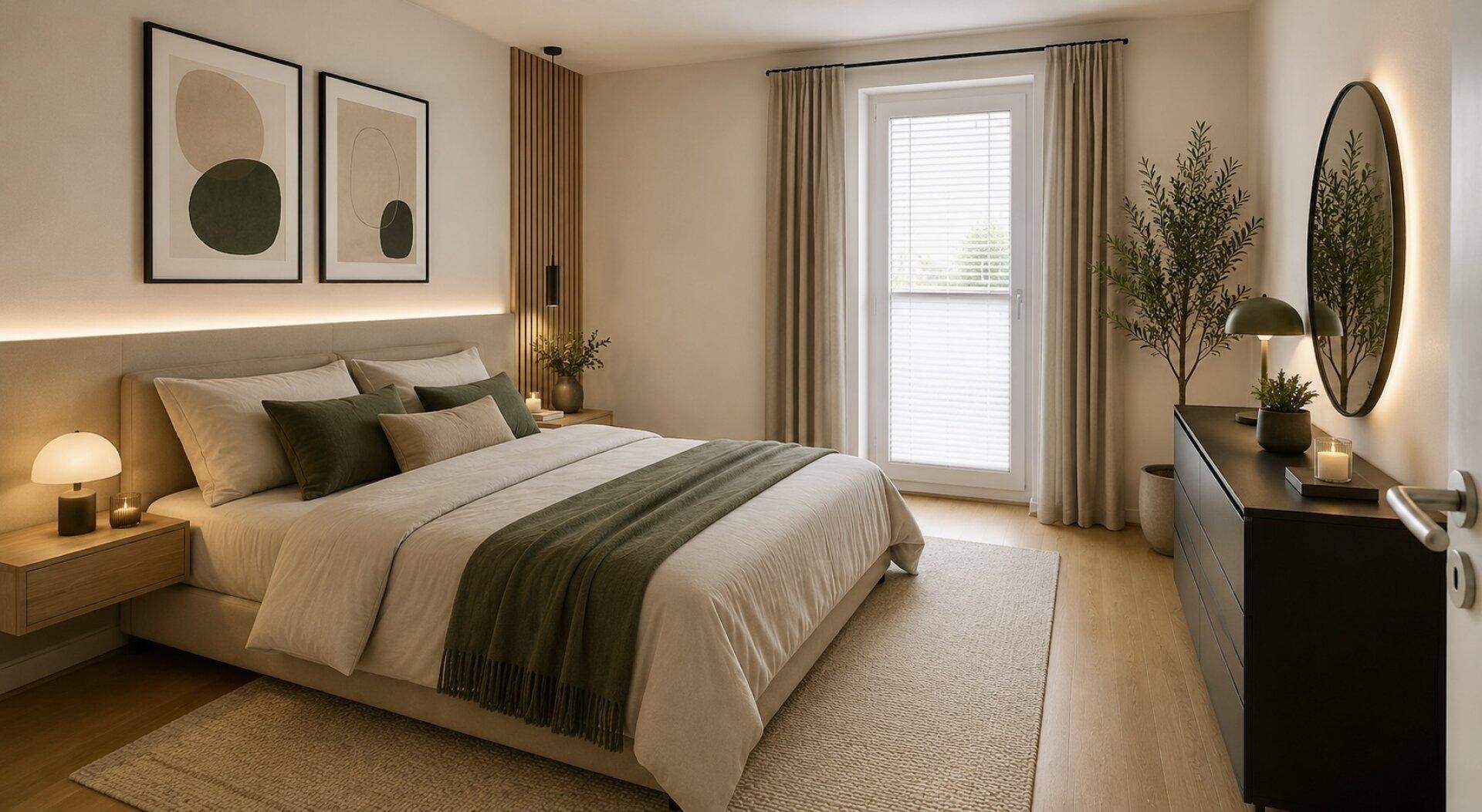 Helles Schlafzimmer mit Doppelbett, Holzboden und modernem Design, inklusive Zugang zum Balkon.