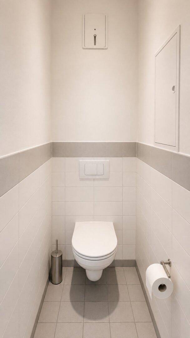 Separates WC mit Wand-WC und Fliesen bis zur halben Höhe, praktisch und pflegeleicht.