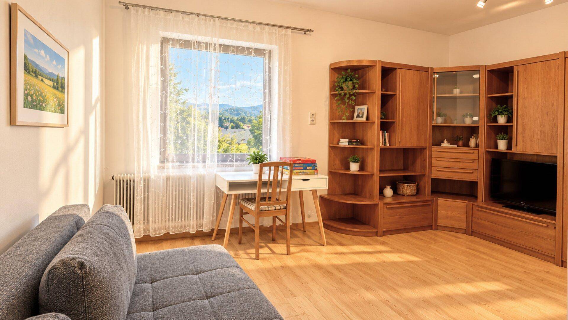 Gemütliches Wohnzimmer mit Holzboden, großem Fenster und einer Wohnwand aus Holz.