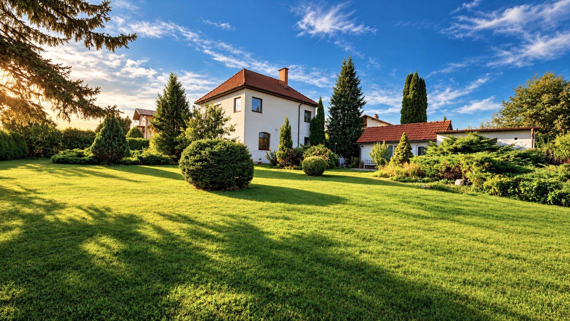 Sonniger Garten mit Einfamilienhaus und gepflegtem Rasen, umgeben von Bäumen und Sträuchern.