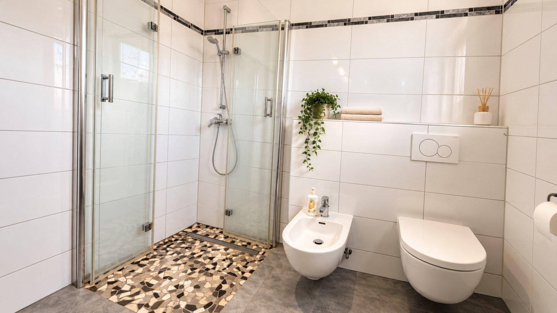 Helles Badezimmer mit begehbarer Dusche, WC und Bidet, ausgestattet mit weißen Fliesen.