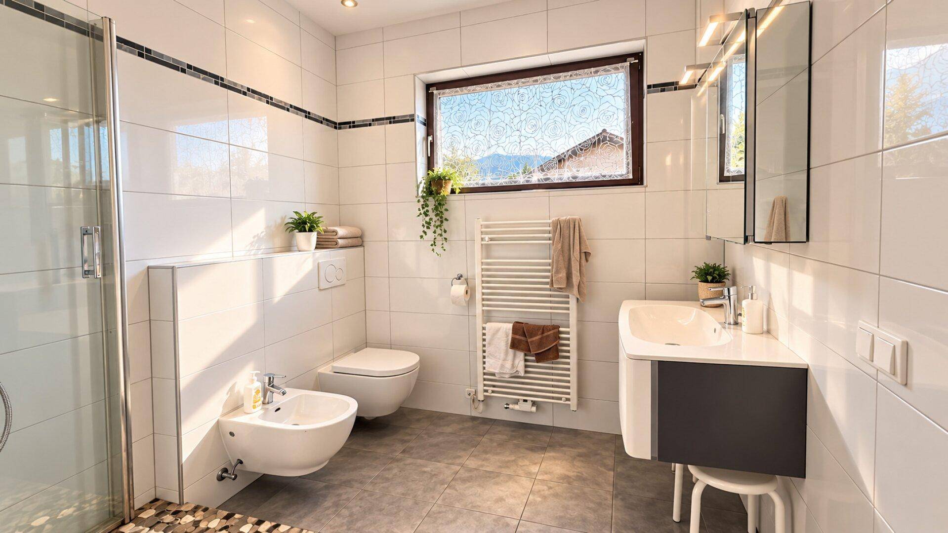 Modernes Badezimmer mit weißen Fliesen, Dusche, WC, Bidet und Fenster.