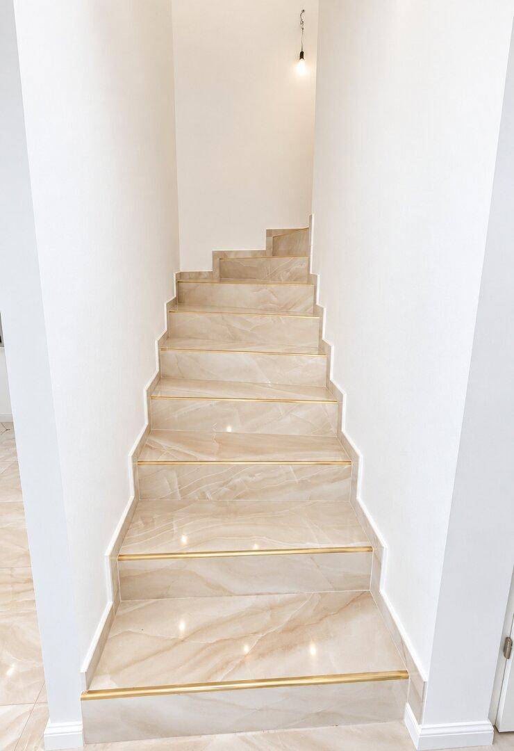 Elegante Treppe mit hellen Fliesen und goldenen Akzenten, die in die obere Etage führt.