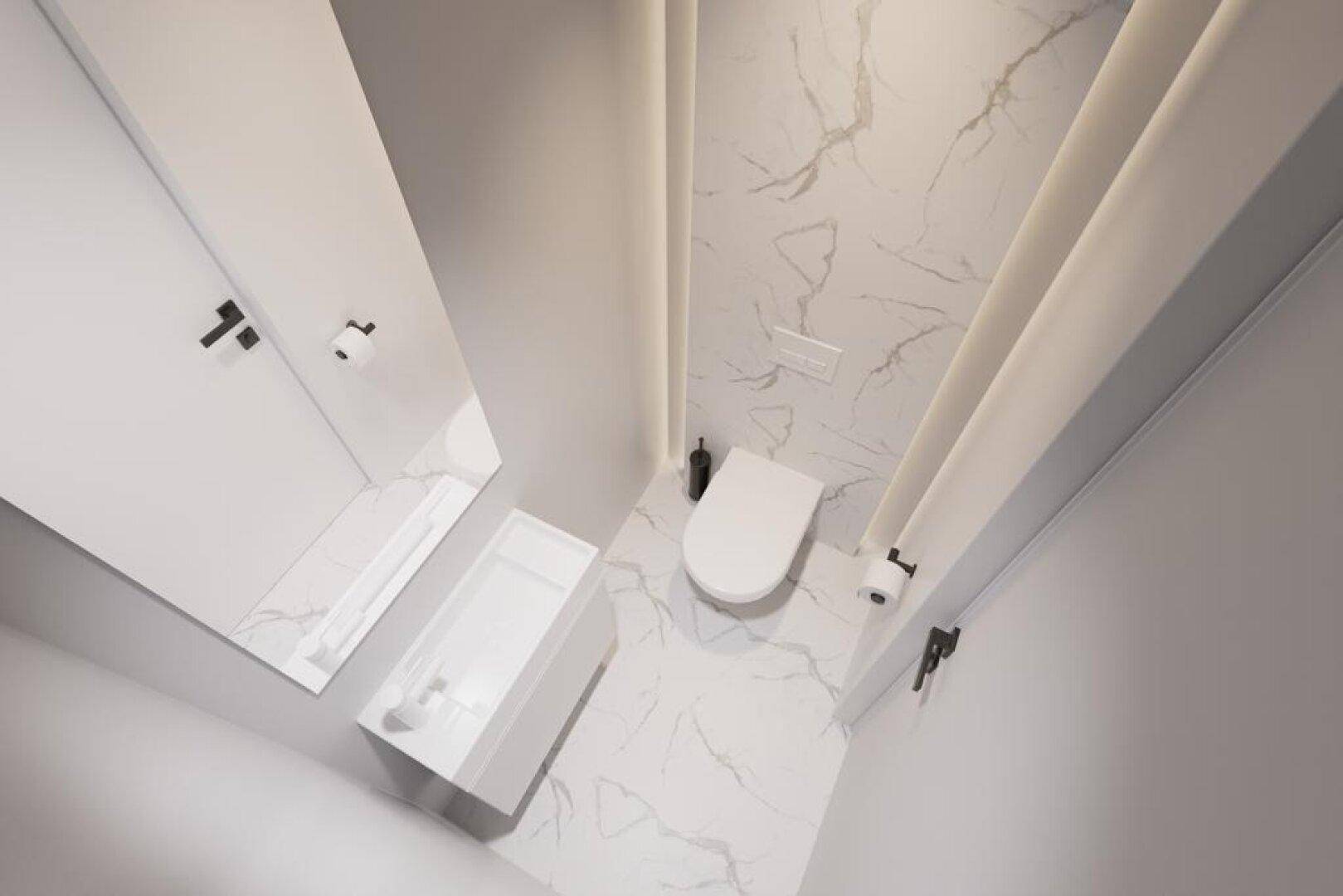 Modernes Gäste-WC mit Marmorfliesen, wandhängendem WC und minimalistischem Waschbecken.