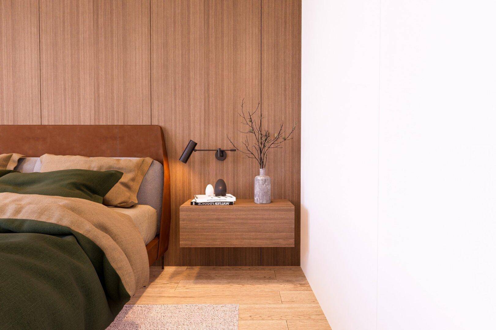 Gemütliches Schlafzimmer mit Holzwand, schwebendem Nachttisch und indirekter Beleuchtung.