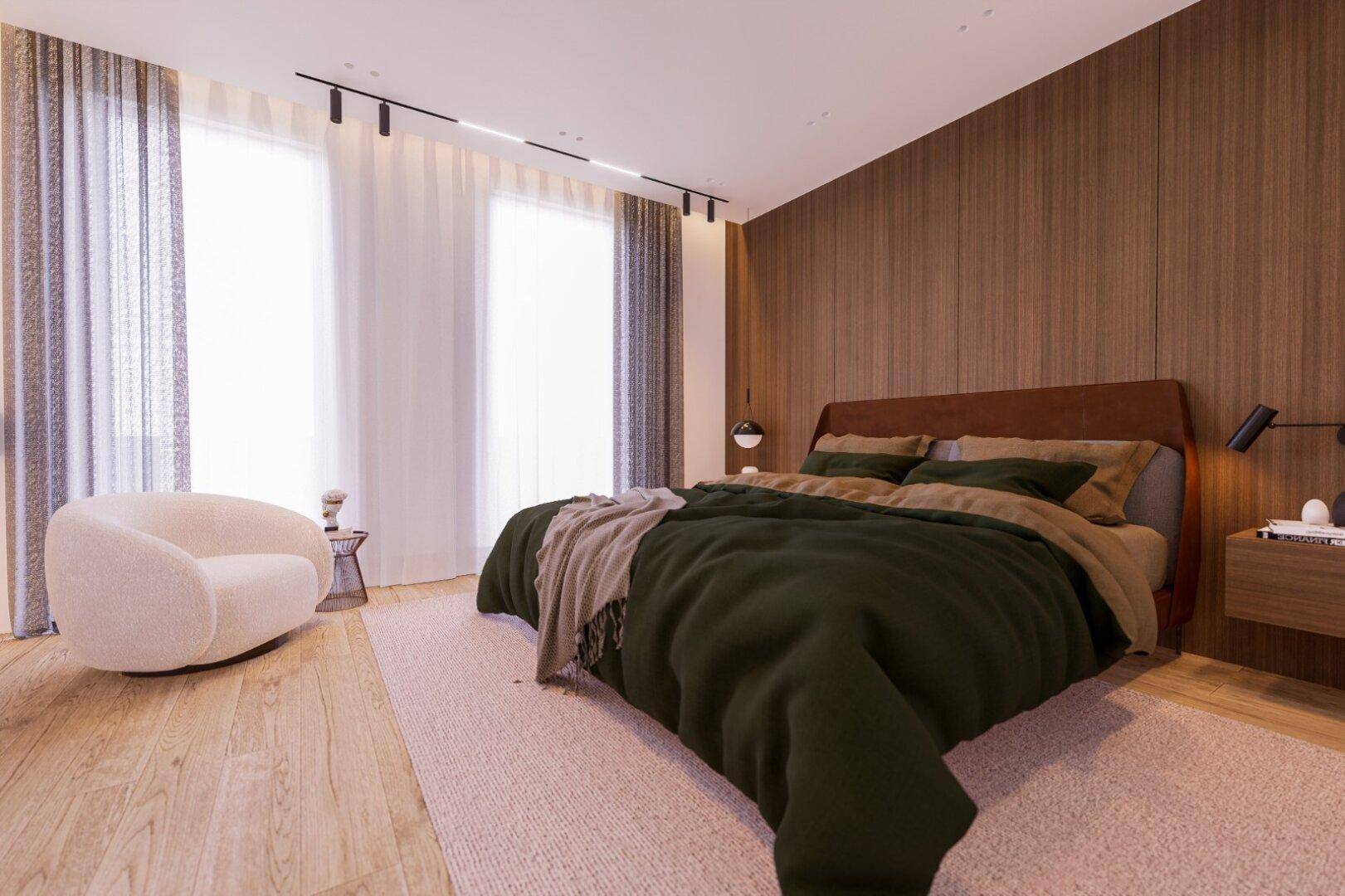 Geräumiges Schlafzimmer mit Holzwand, großem Bett und bequemen Sessel am Fenster.